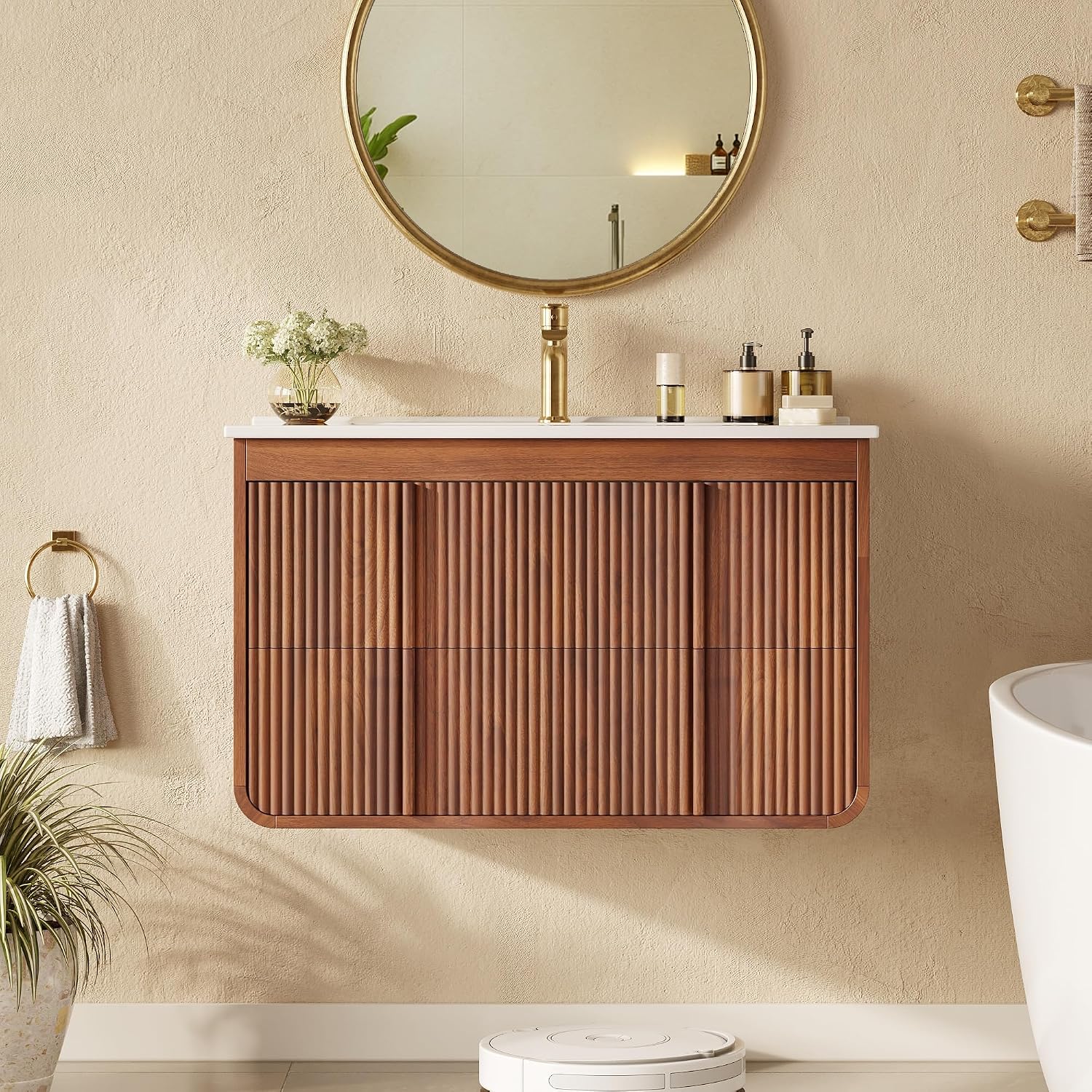 Walnut Fluted Floating Bathroom Vanity