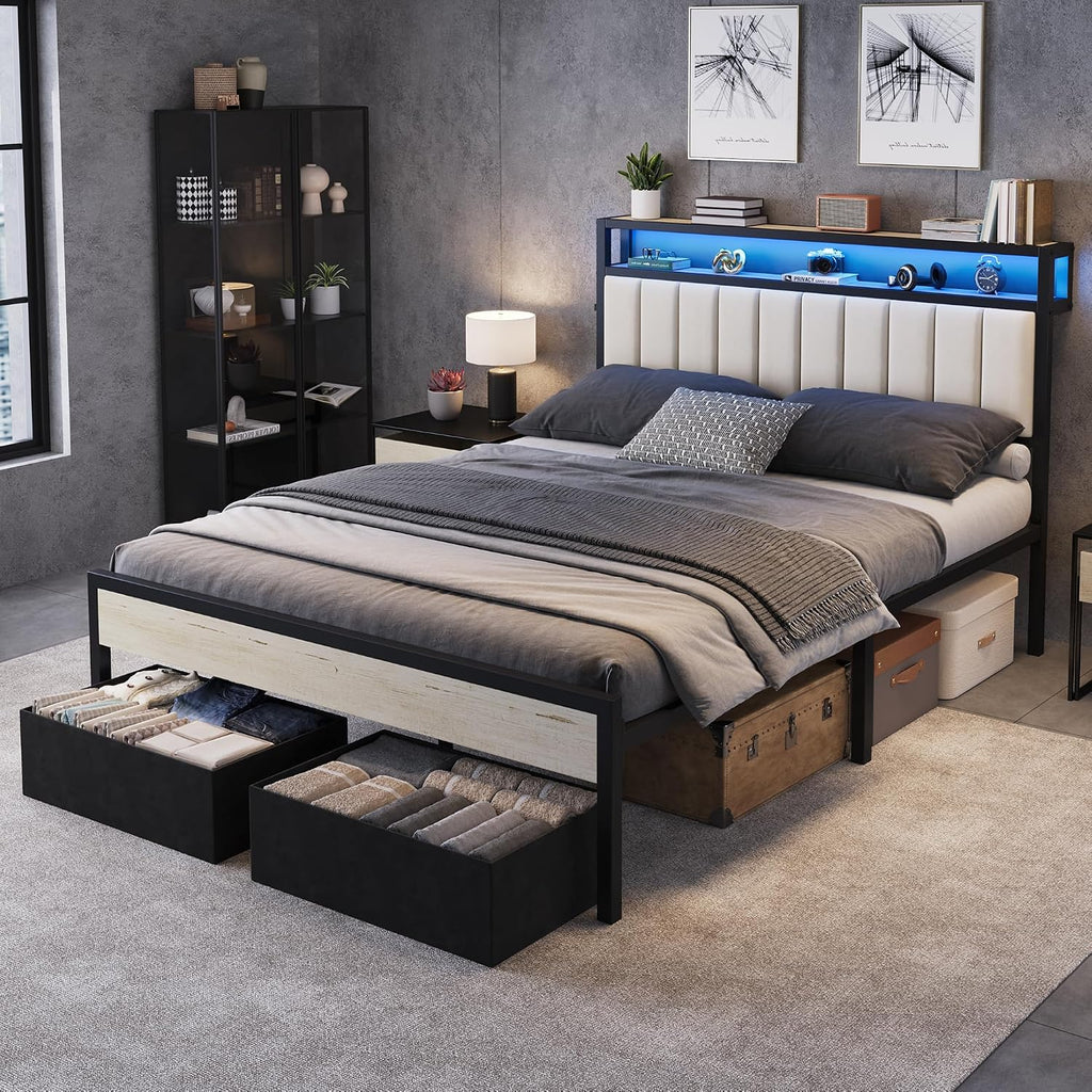 White Queen Velvet LED Storage Bed