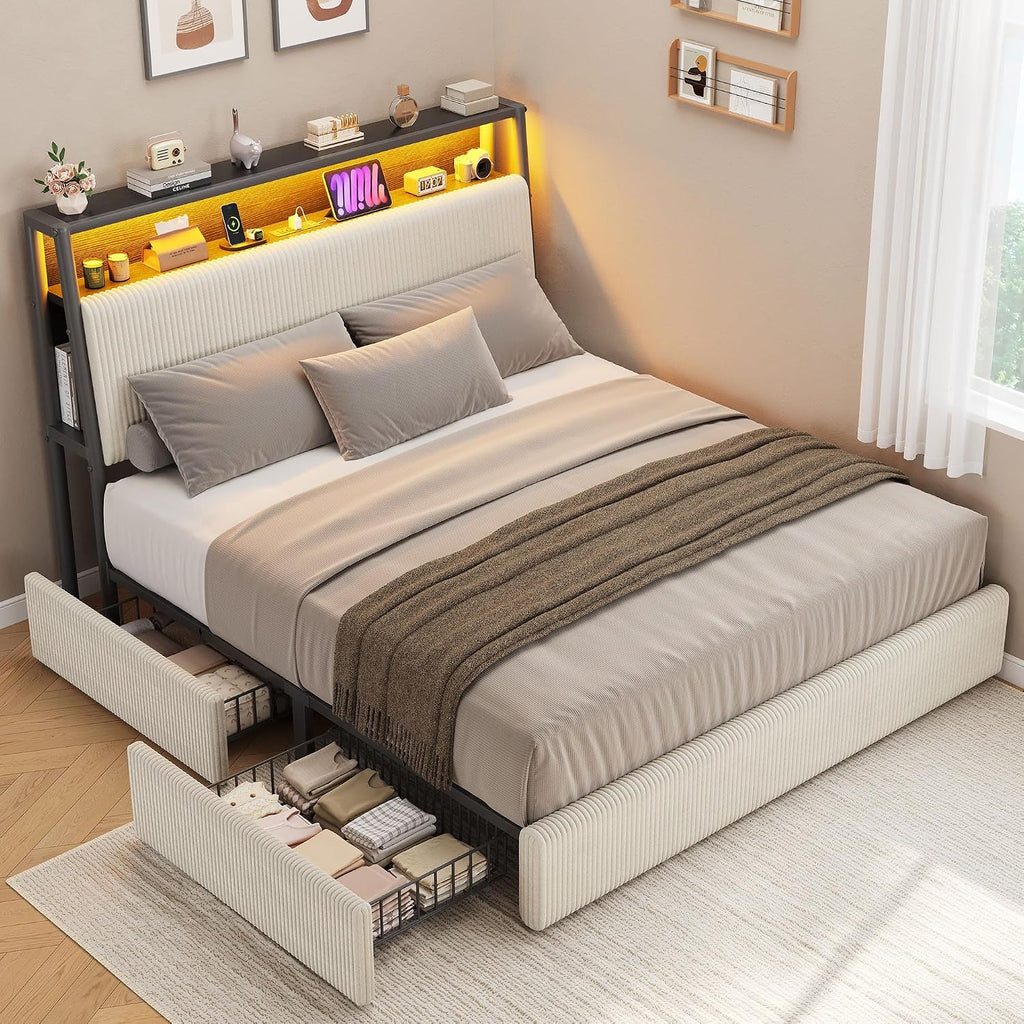 Beige Corduroy LED Storage Bed Frame