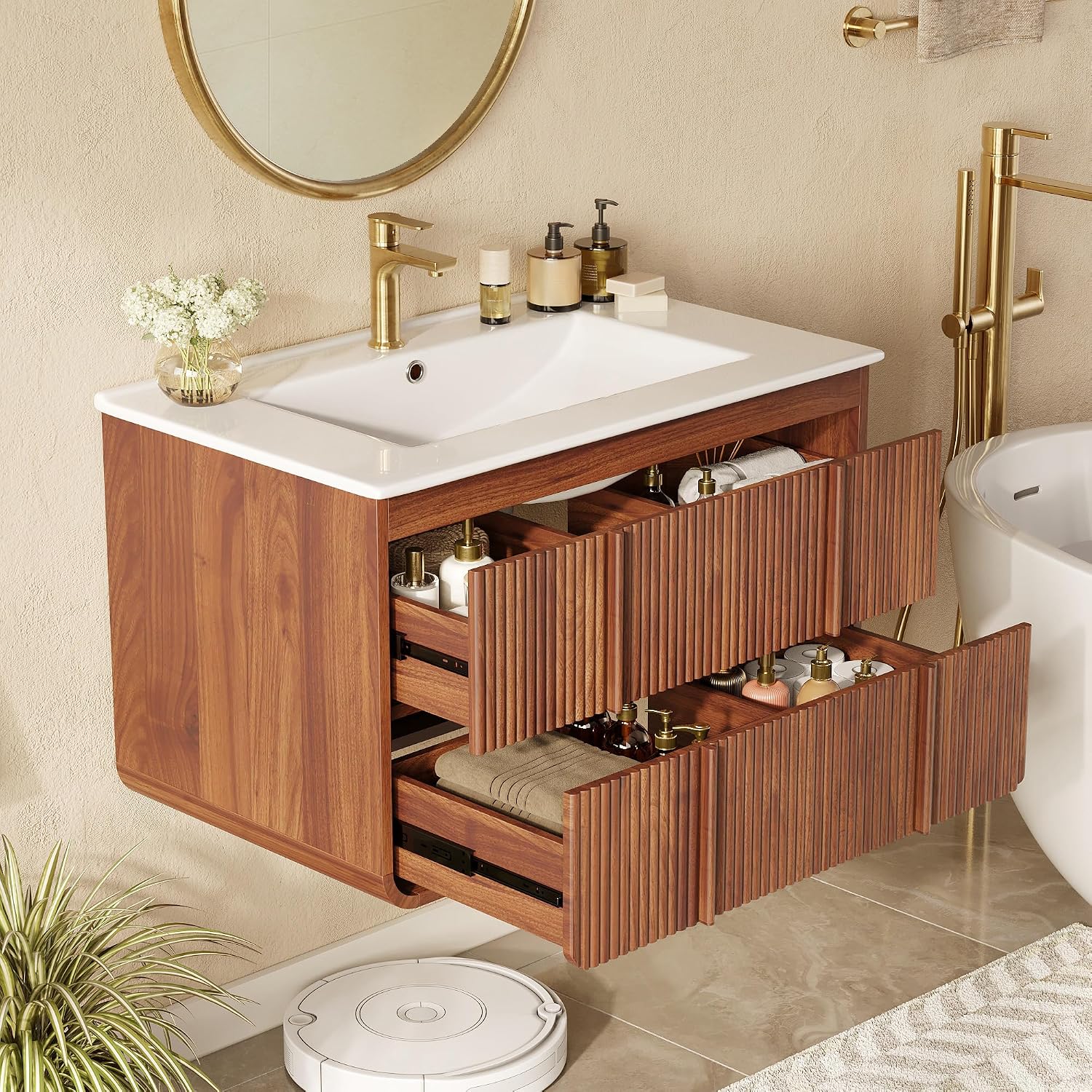 Walnut Fluted Floating Bathroom Vanity