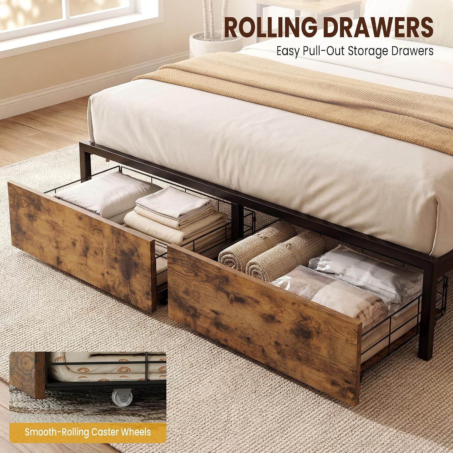 Brown Queen LED Storage Bed Frame