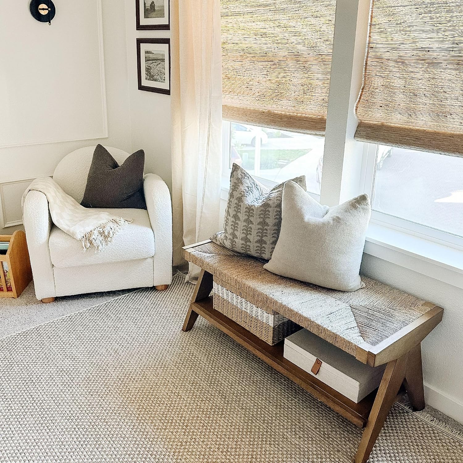 Light Wood Seagrass Storage Bench