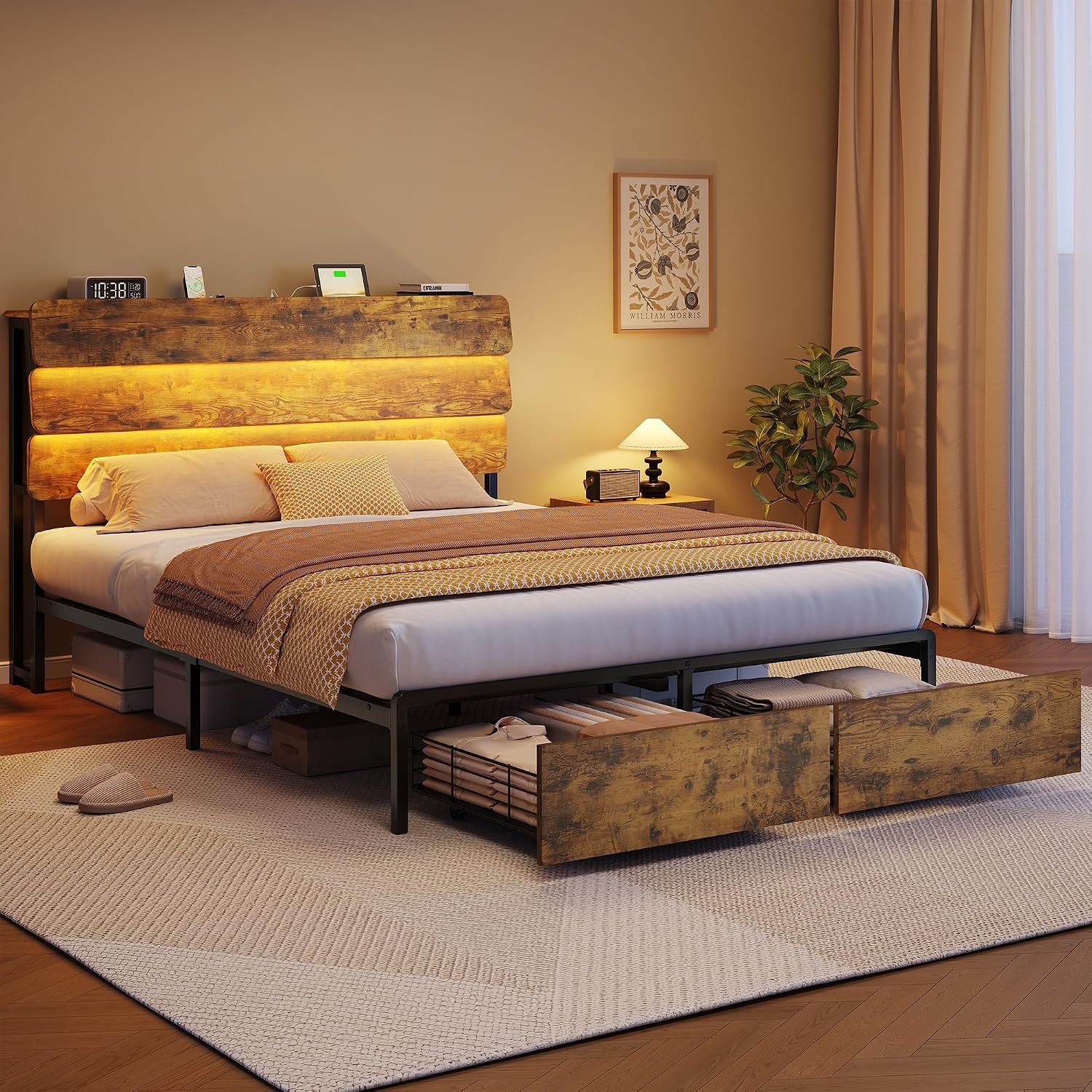 Brown Queen LED Storage Bed Frame