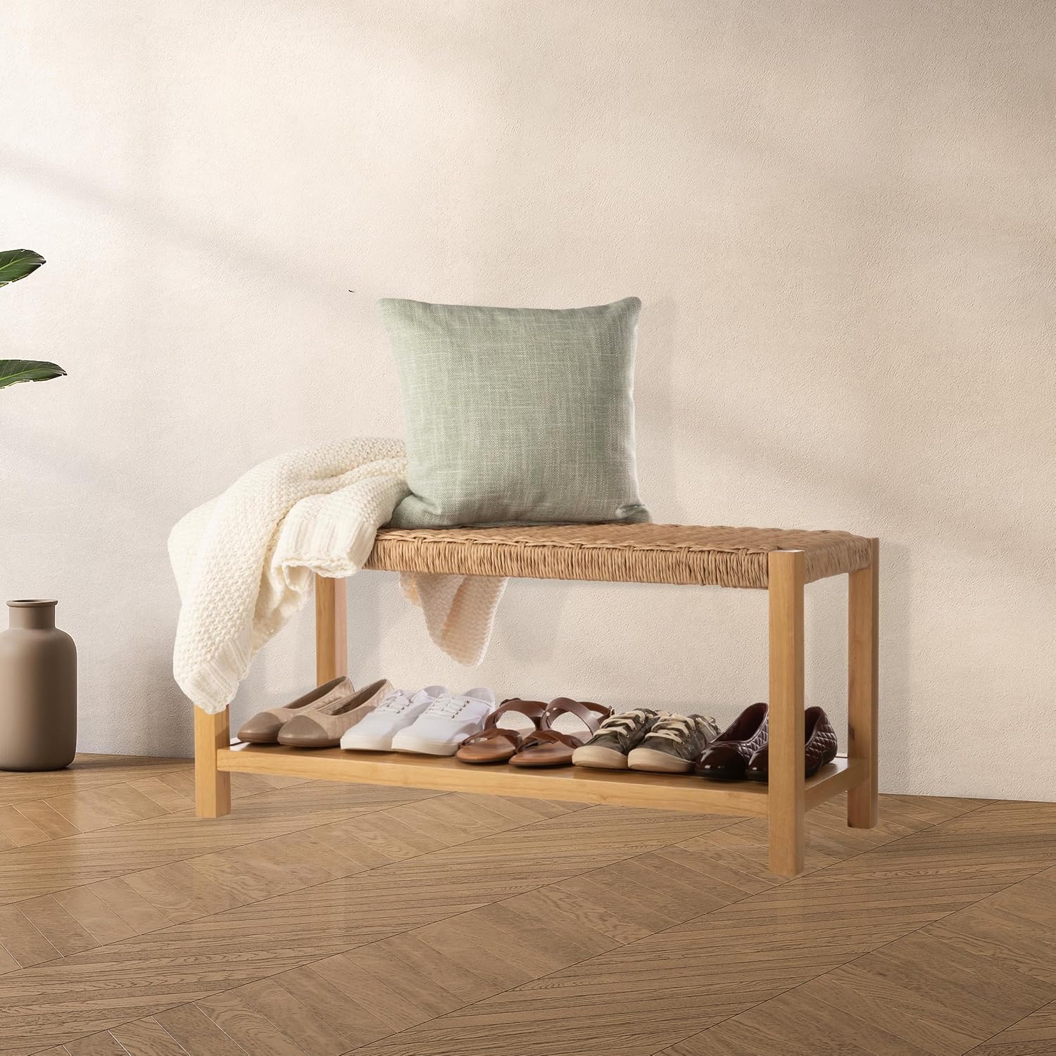 Light Wood Woven Rope Bench