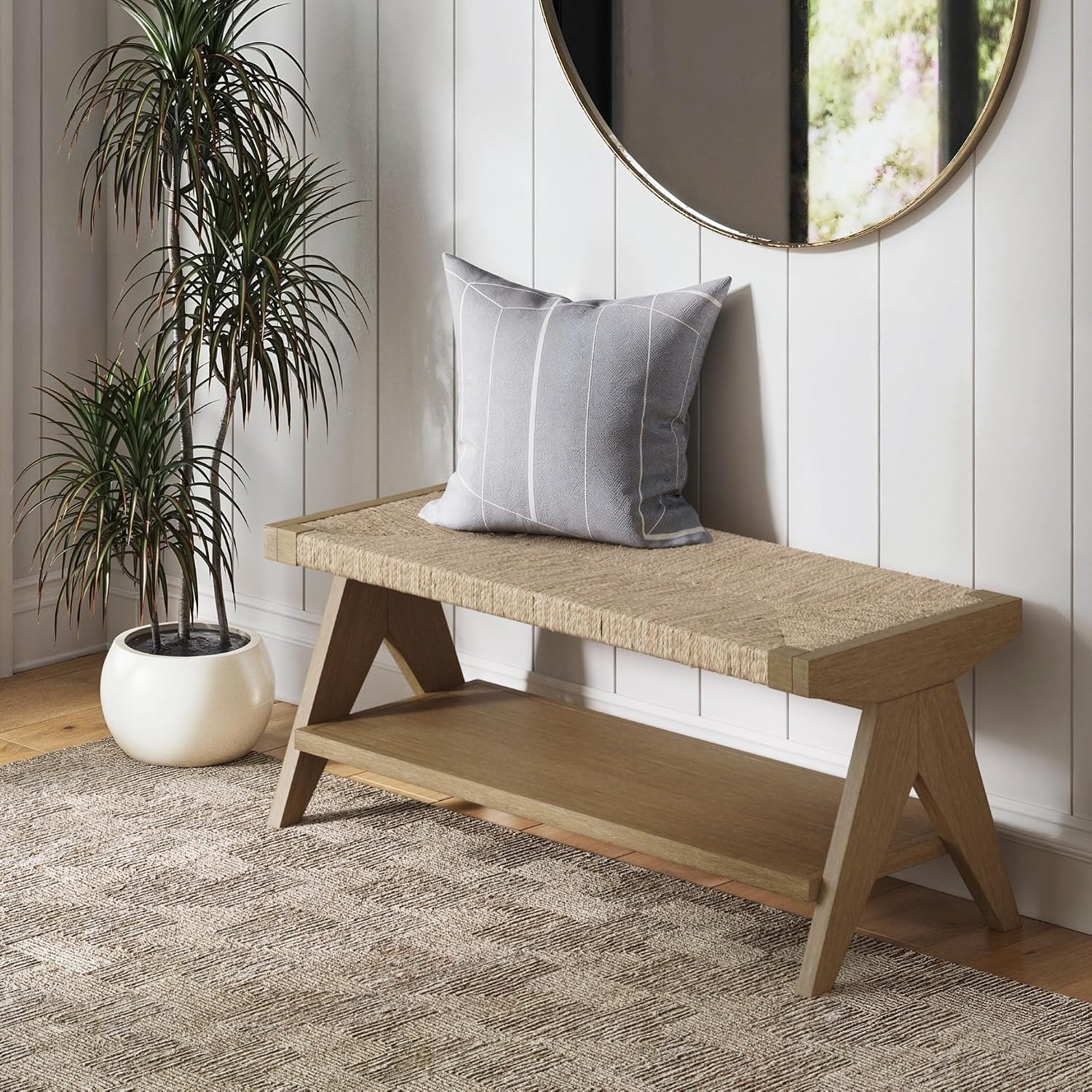 Light Wood Seagrass Storage Bench