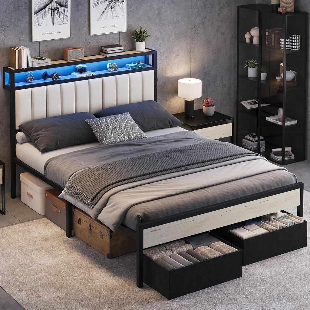 White Queen Velvet LED Storage Bed