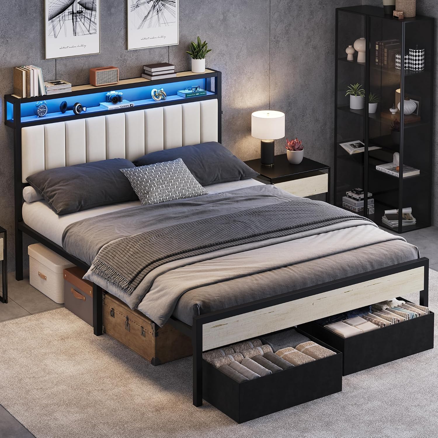 White Queen Velvet LED Storage Bed