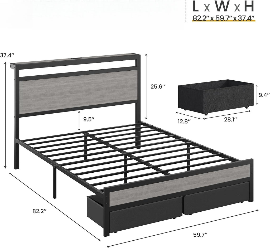 Grey Queen Storage LED Bed Frame