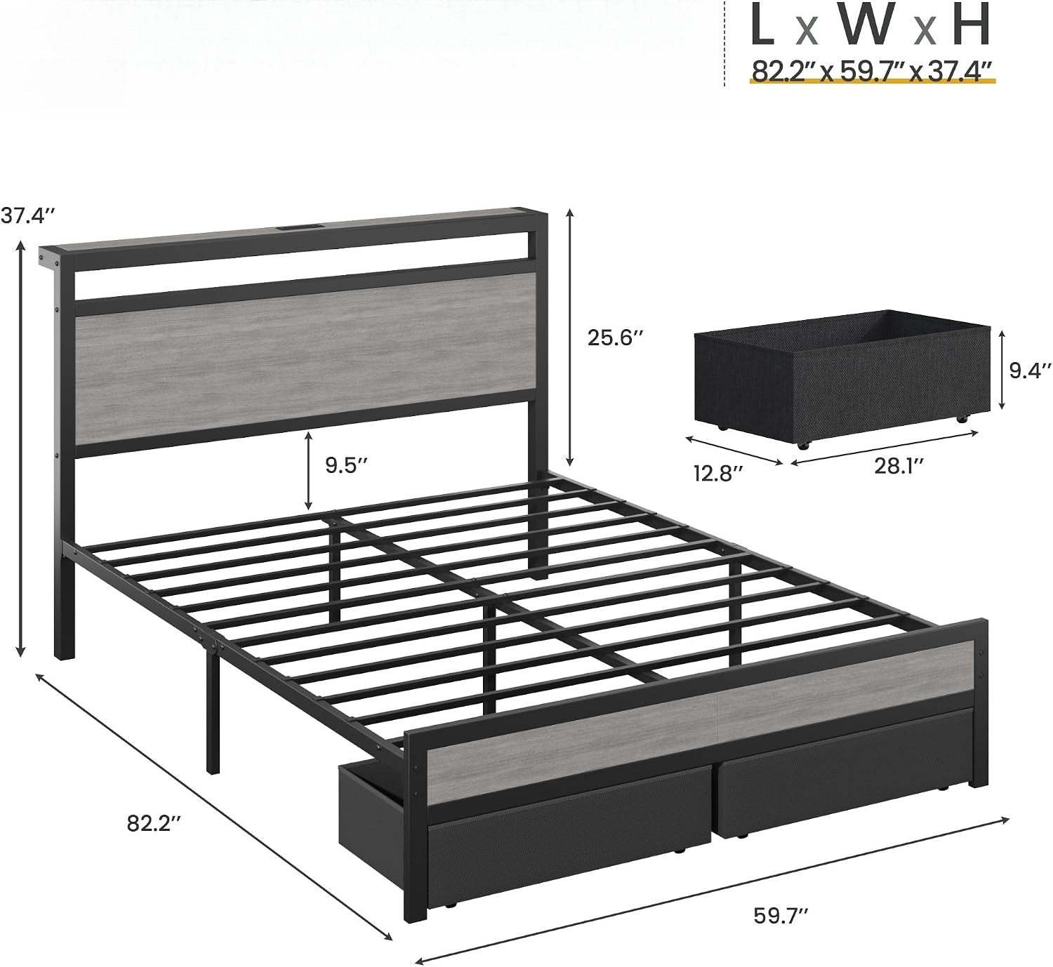Grey Queen Storage LED Bed Frame